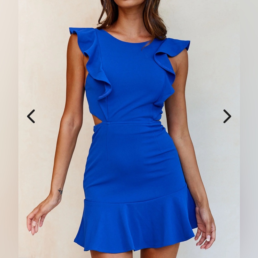 Selfie Leslie Jackie Wide Ruffle Hem Pinafore Dress Cobalt Blue Size S